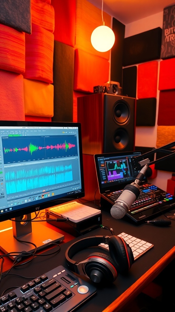 A music studio with a DAW screen, headphones, and a microphone, illustrating the process of creating mashed up songs.